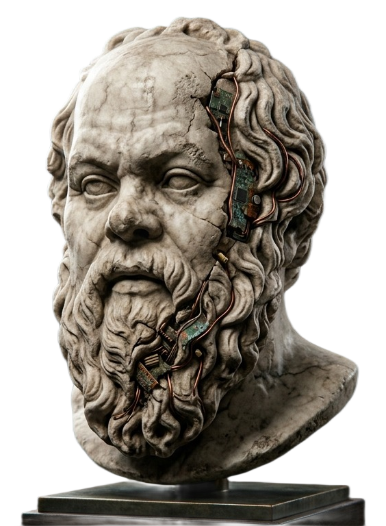 Marble bust sculpture fractured to reveal brass circuitry beneath, symbolizing Sidedoor Studio's fusion of classical craft and modern technology