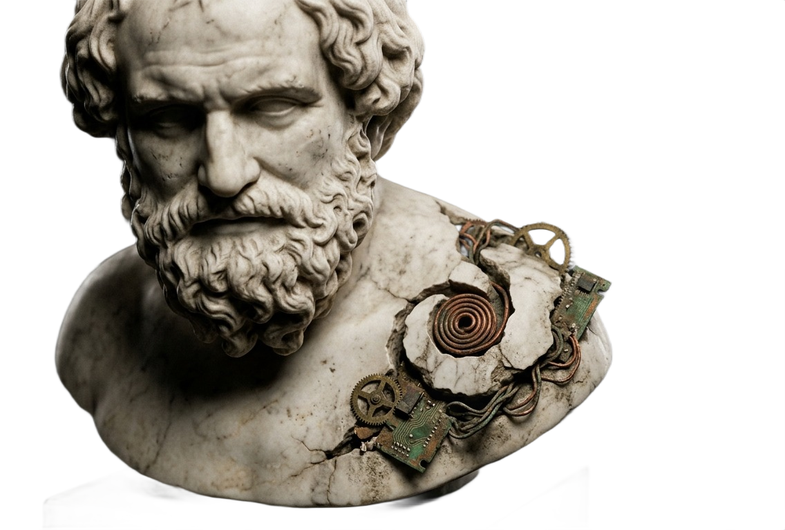 Marble bust with brass circuitry, introductory figure above the Sidedoor Studio services grid