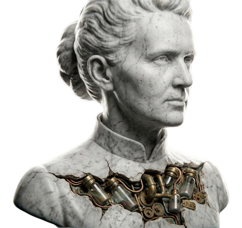 Marble bust with brass circuitry, standalone figure below the Sidedoor Studio process steps